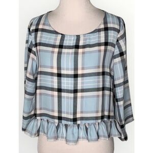 Gianni Bini Blue Plaid Crop Top Wide Sleeves Ruffle Hem Dainty Blouse S